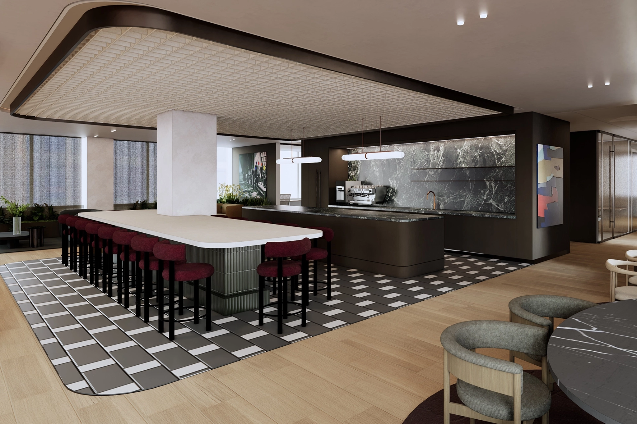 Moderne New Yorkse keuken en eetkamer met een lang eiland met bordeauxrode barkrukken, zwart marmeren werkbladen, hangverlichting en een tegelvloer met patroon, perfect voor een elegante werkruimte of informele vergaderruimte.