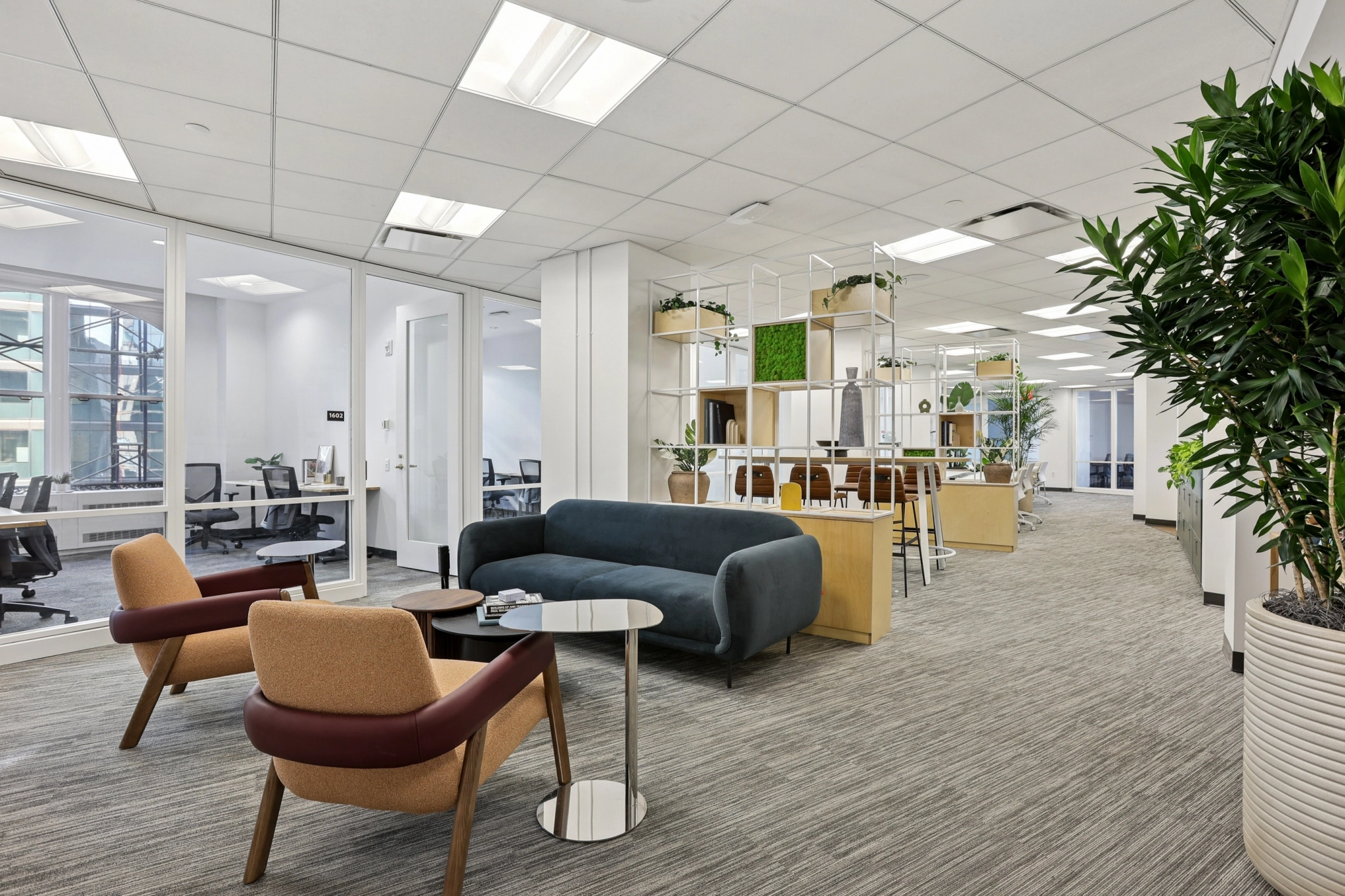 Modern office space with a lounge area featuring armchairs, a sofa, side tables, plants, open shelving, and coworking workspace vibes—plus glass-walled meeting rooms in the background.