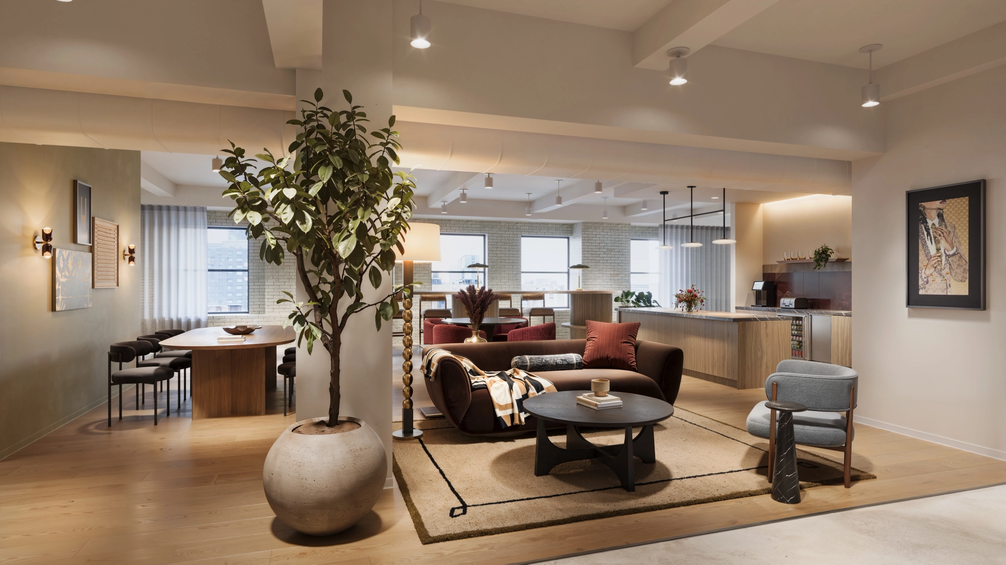 a large, bright meeting room with a large screen