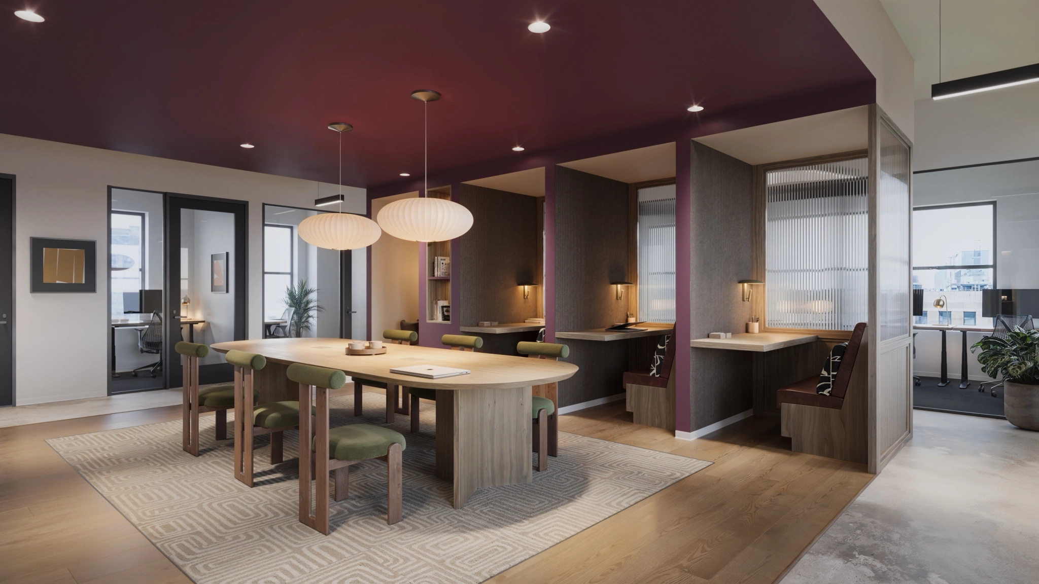 a large, bright meeting room with a large screen