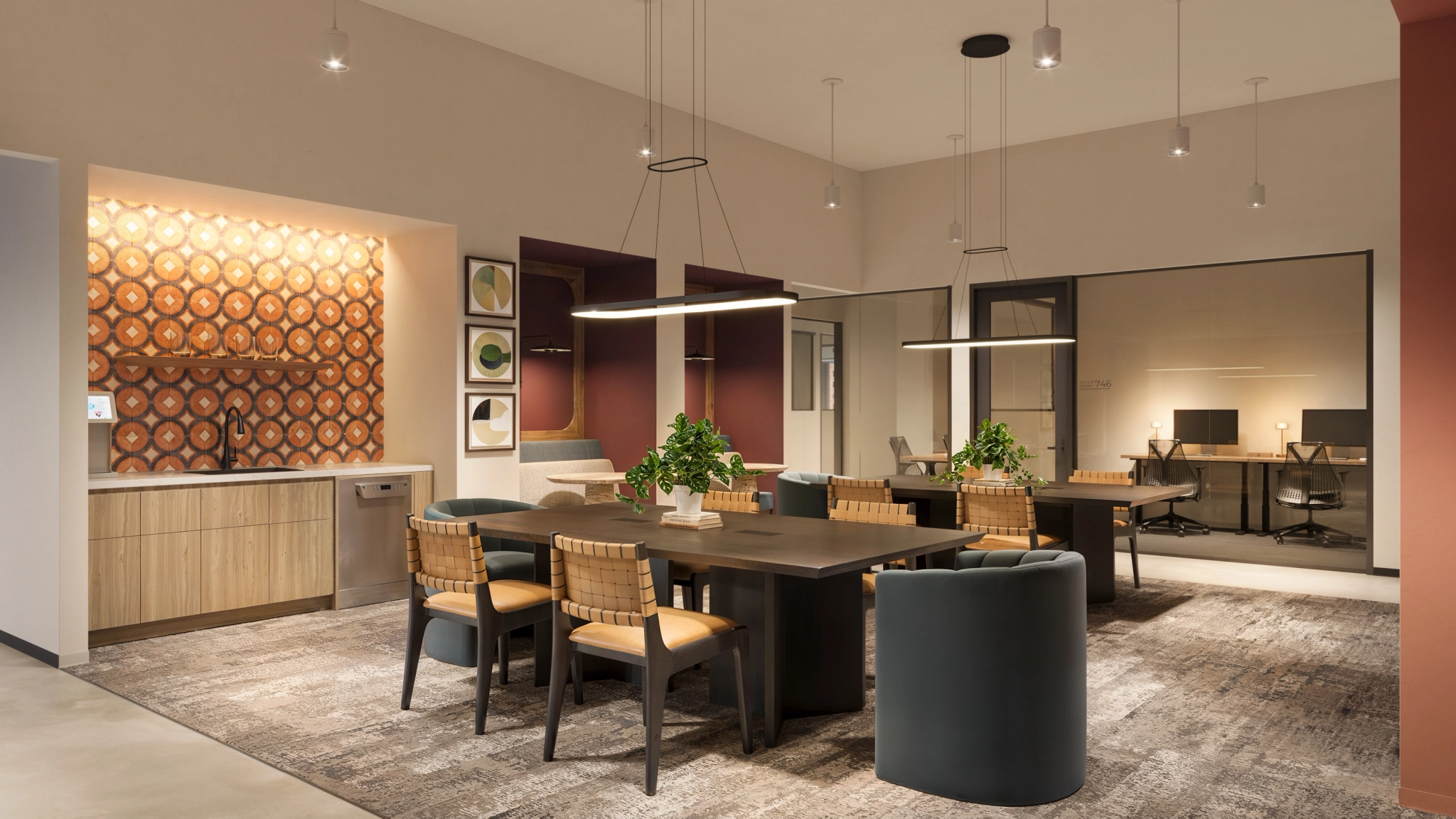 a large, bright meeting room with a large screen