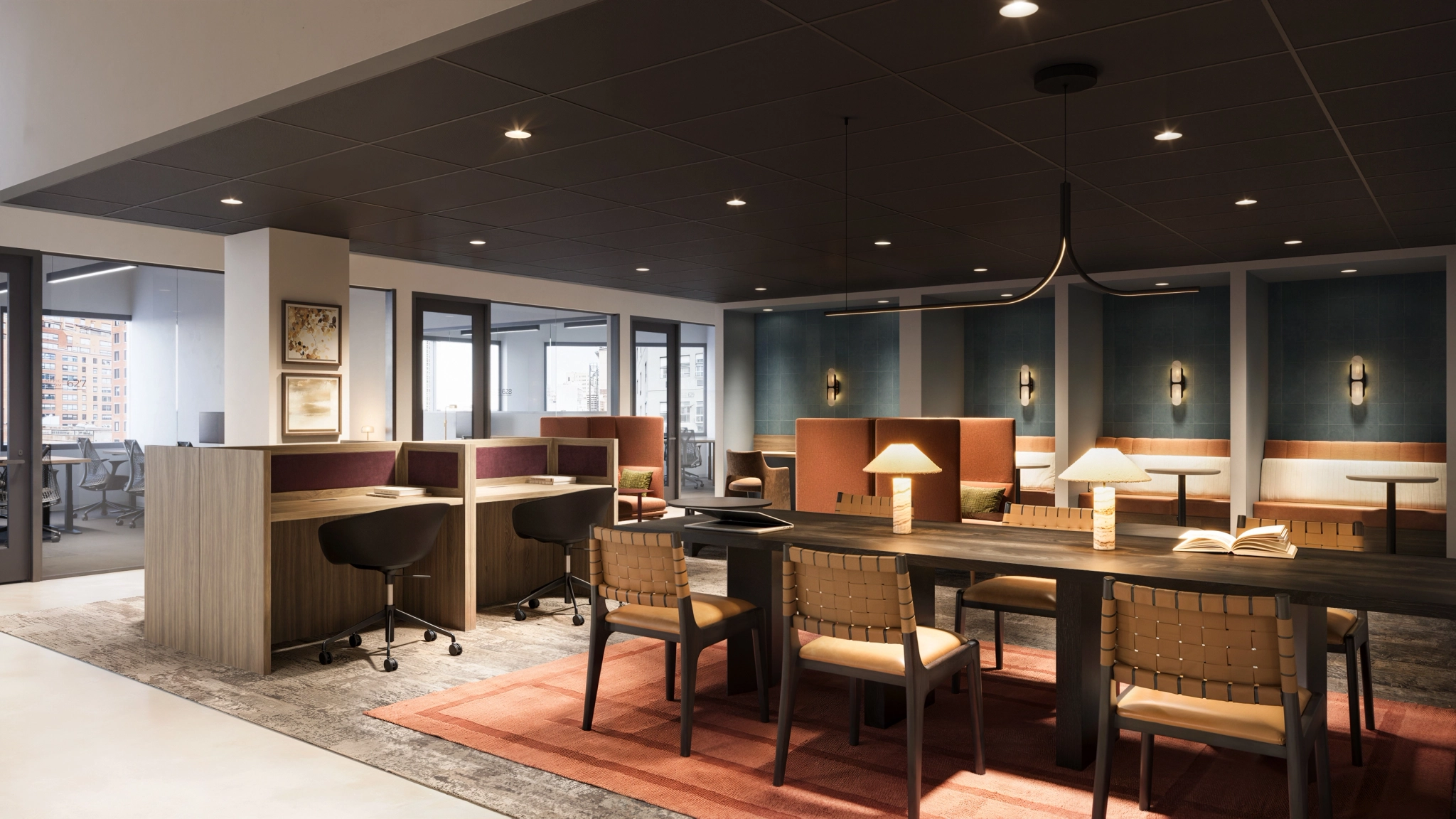 a large, bright meeting room with a large screen