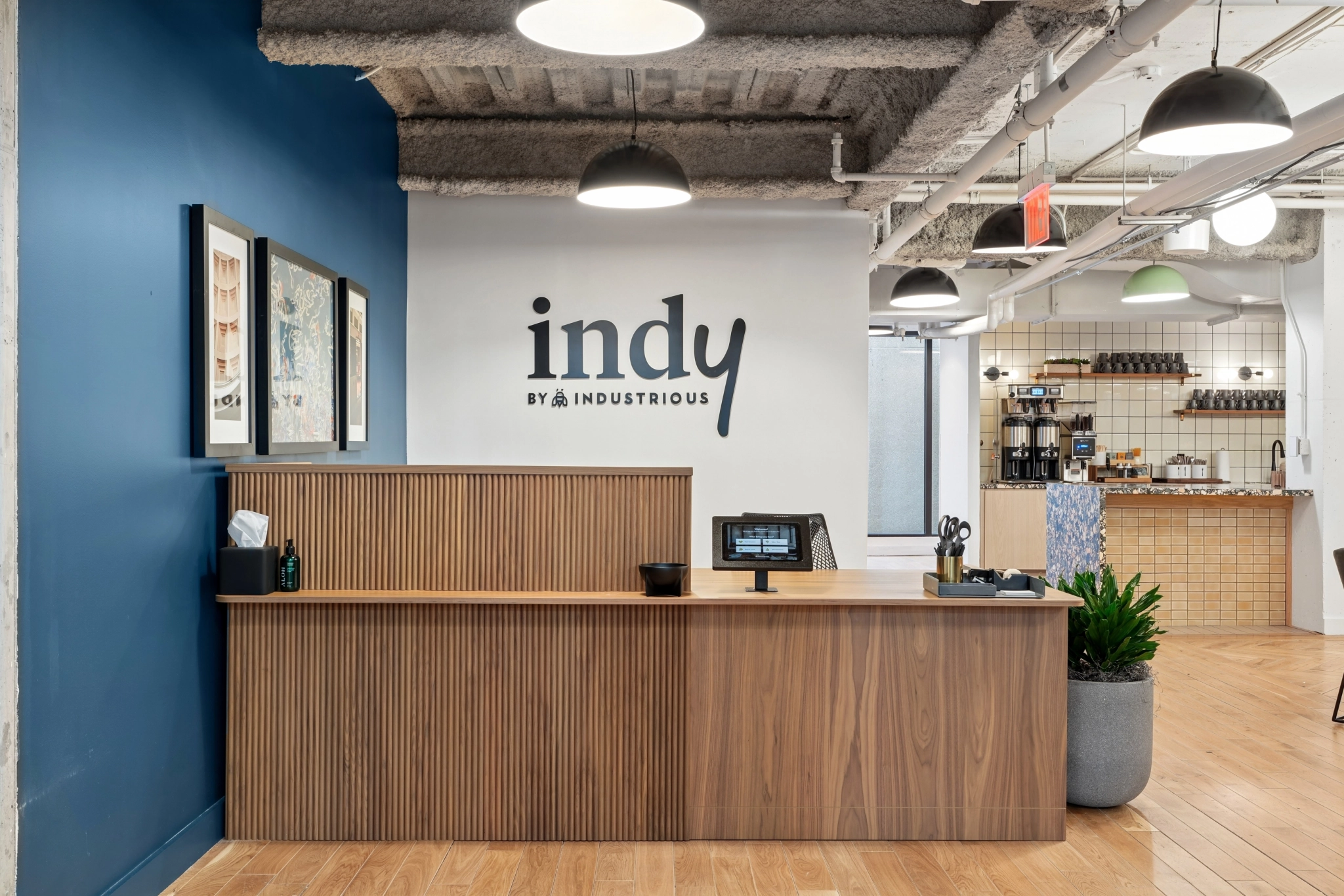 a large, bright meeting room with a large screen