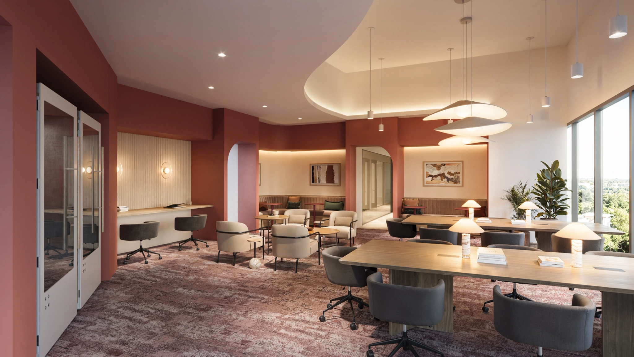 a large, bright meeting room with a large screen