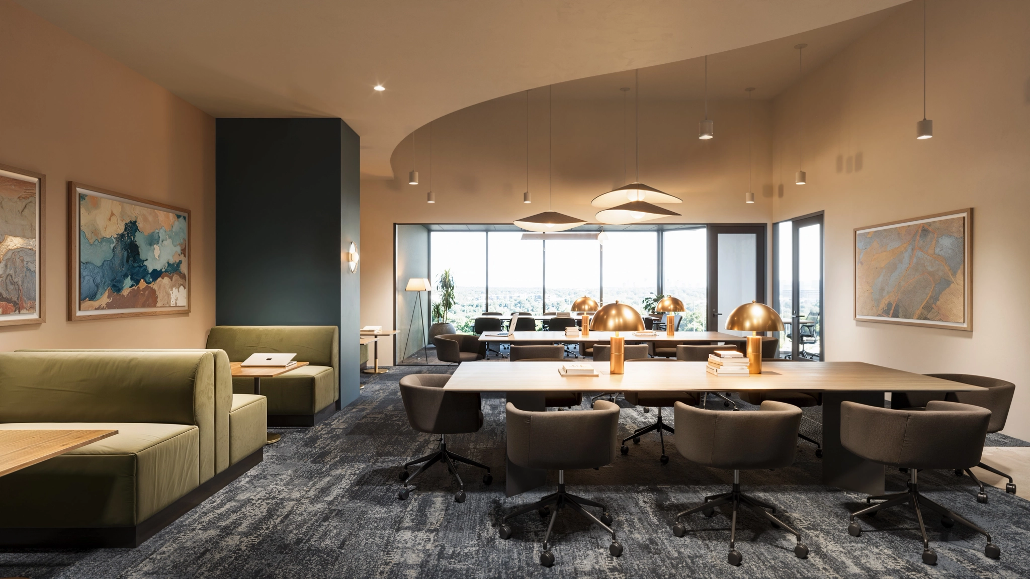 a large, bright meeting room with a large screen