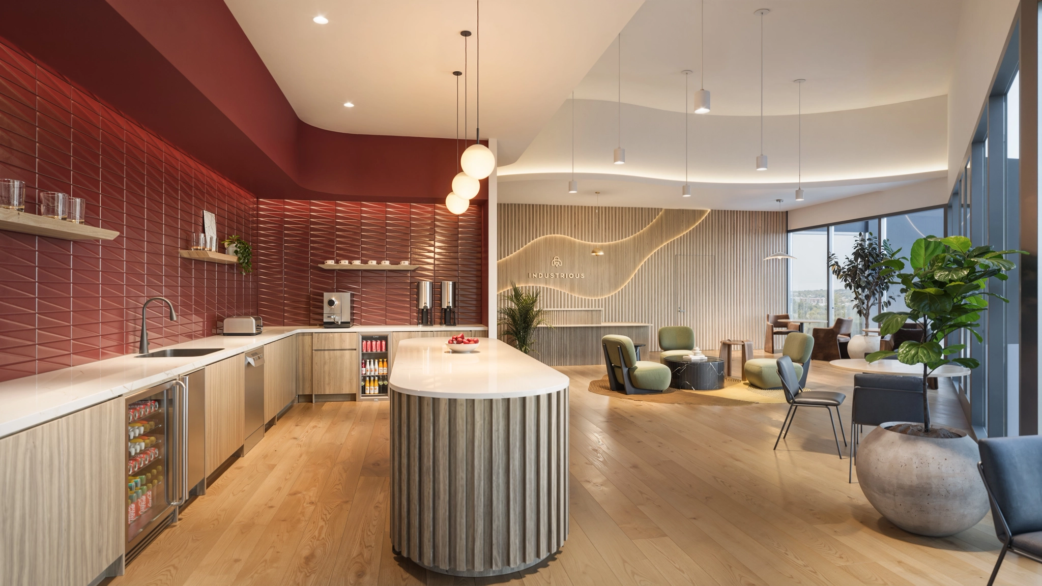 a large, bright meeting room with a large screen