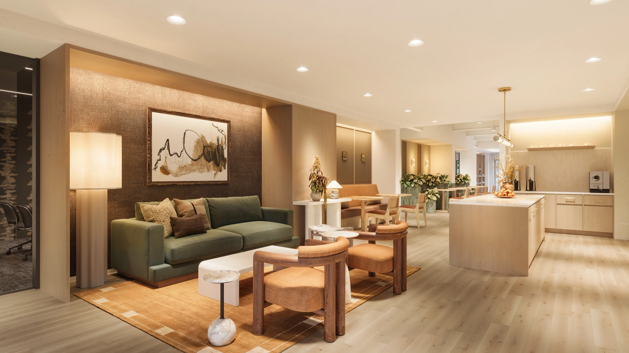 a large, bright meeting room with a large screen