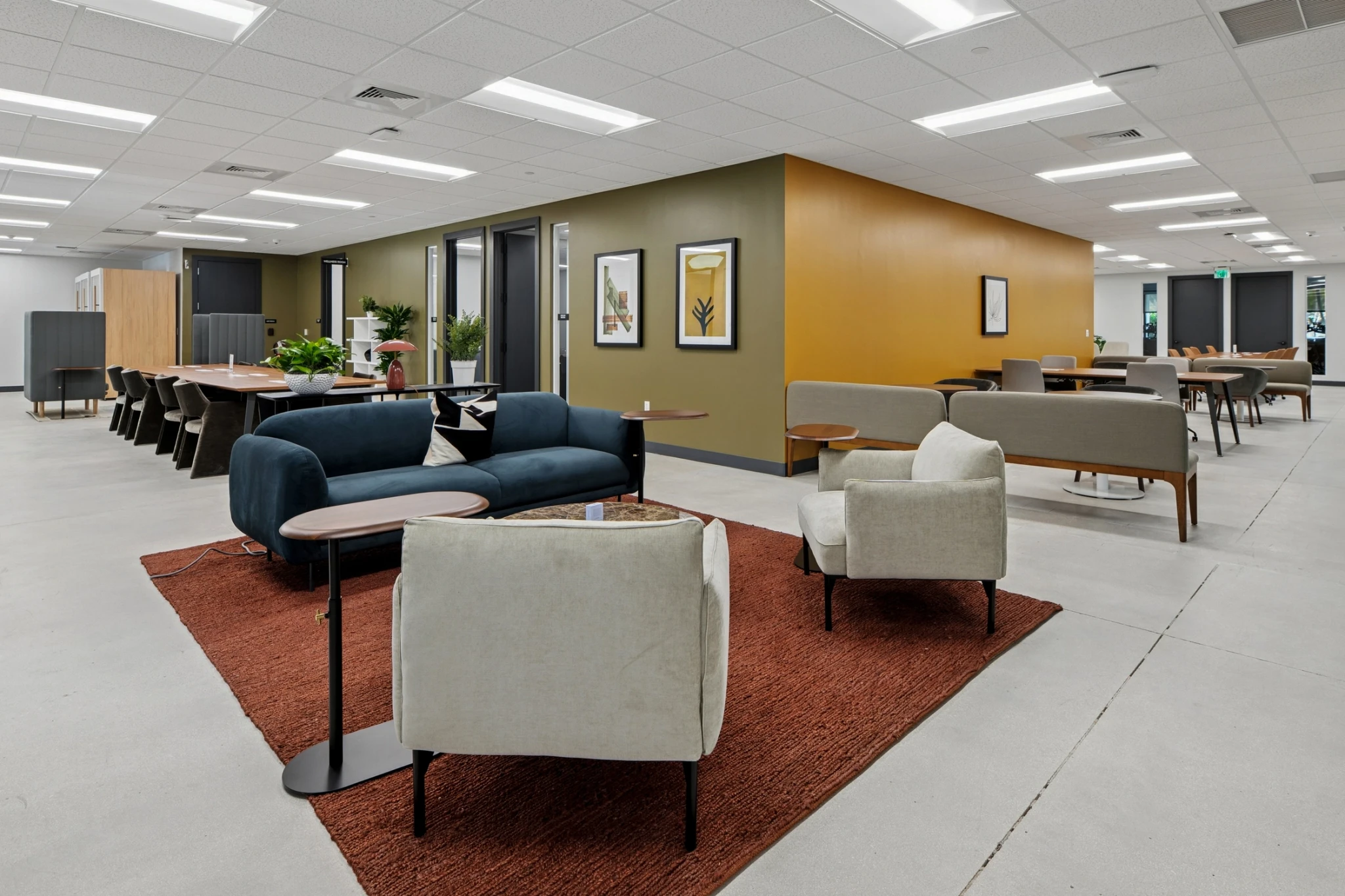 Modern Boca Raton office lounge with sofas, armchairs, coffee tables, and wall art. The open layout features multiple seating areas, plants, and large windows providing natural light—perfect for casual meetings or as an inviting meeting room alternative.