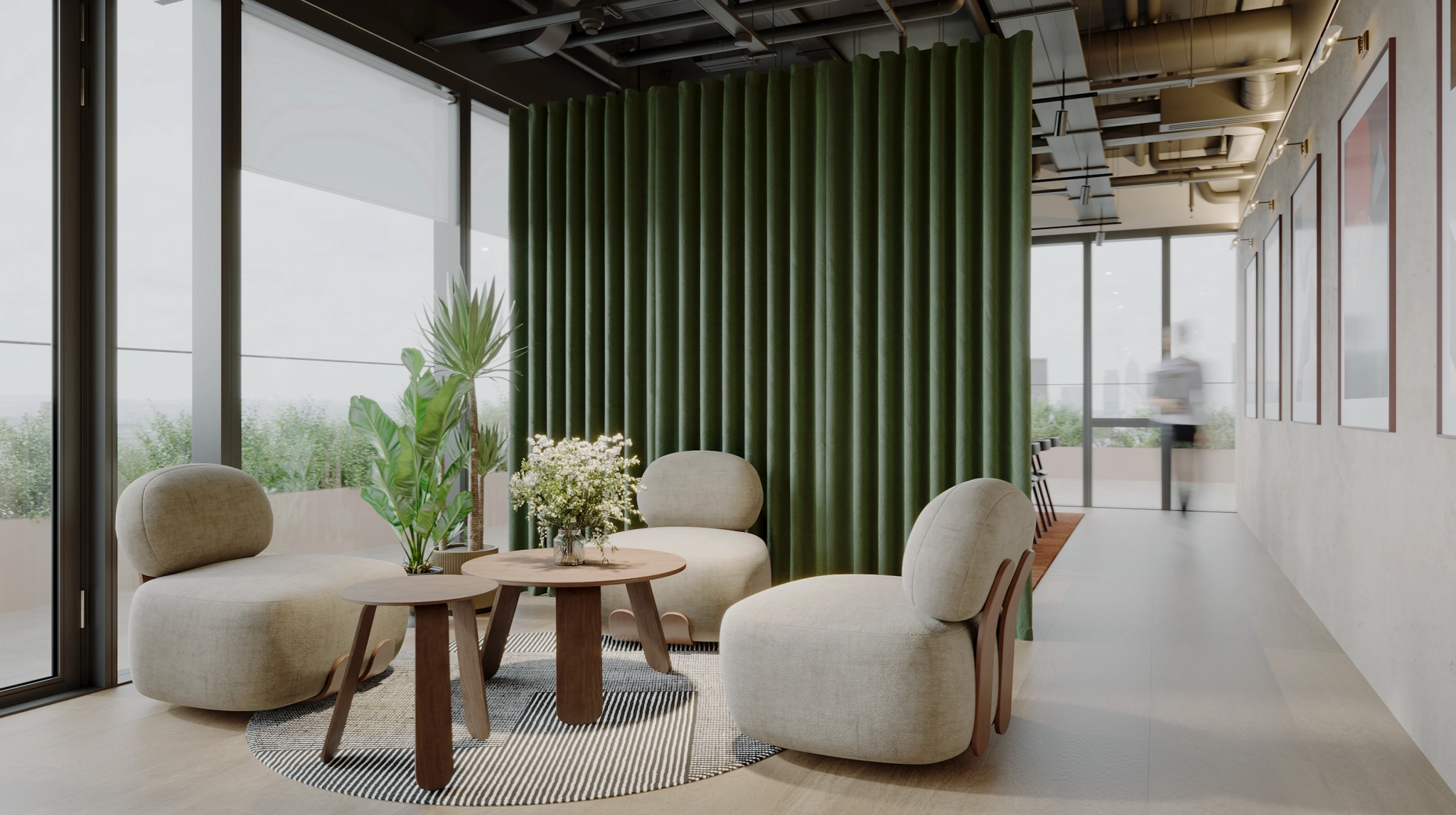 a large, bright meeting room with a large screen