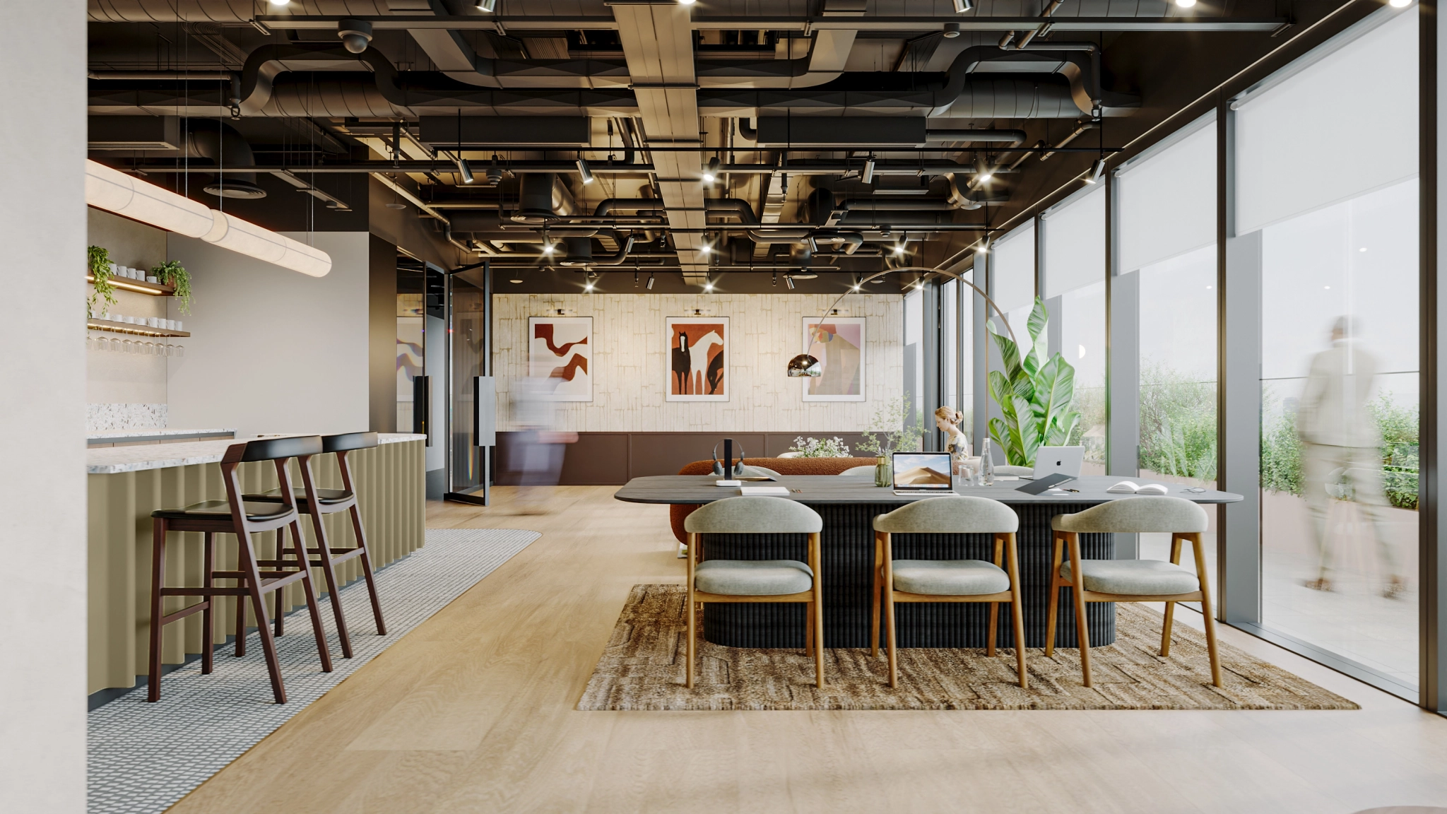 a large, bright meeting room with a large screen