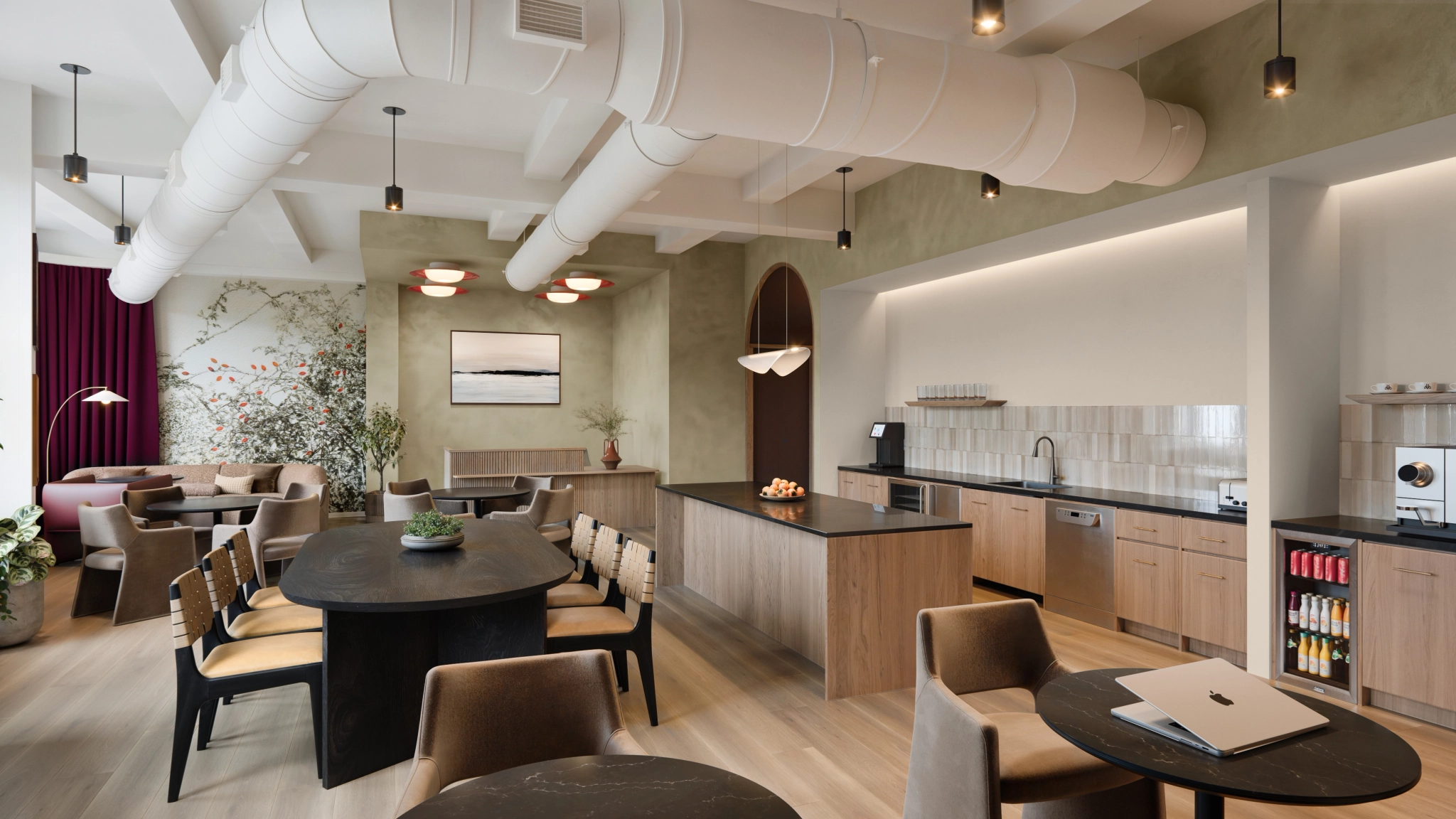 a large, bright meeting room with a large screen