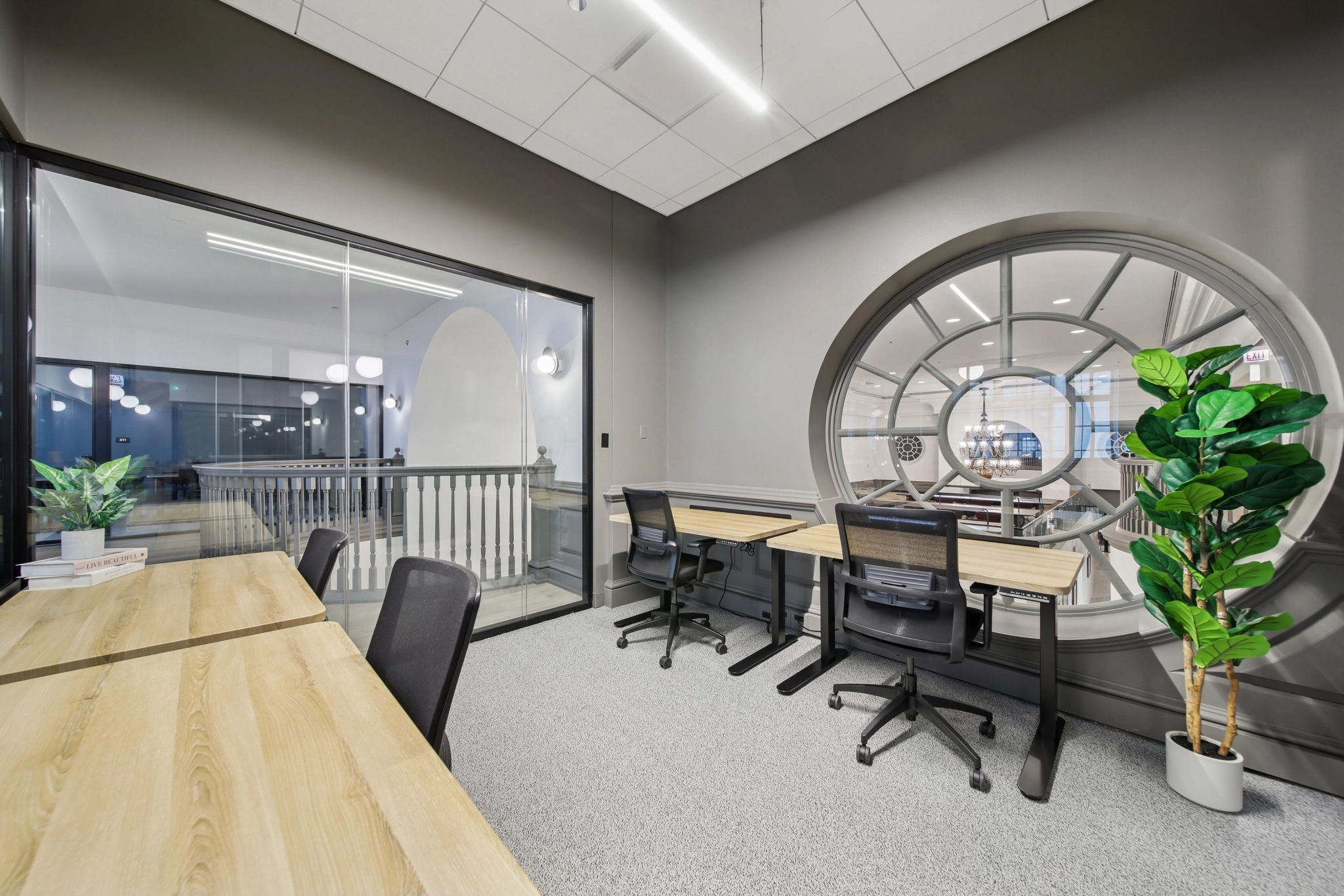 a large, bright meeting room with a large screen