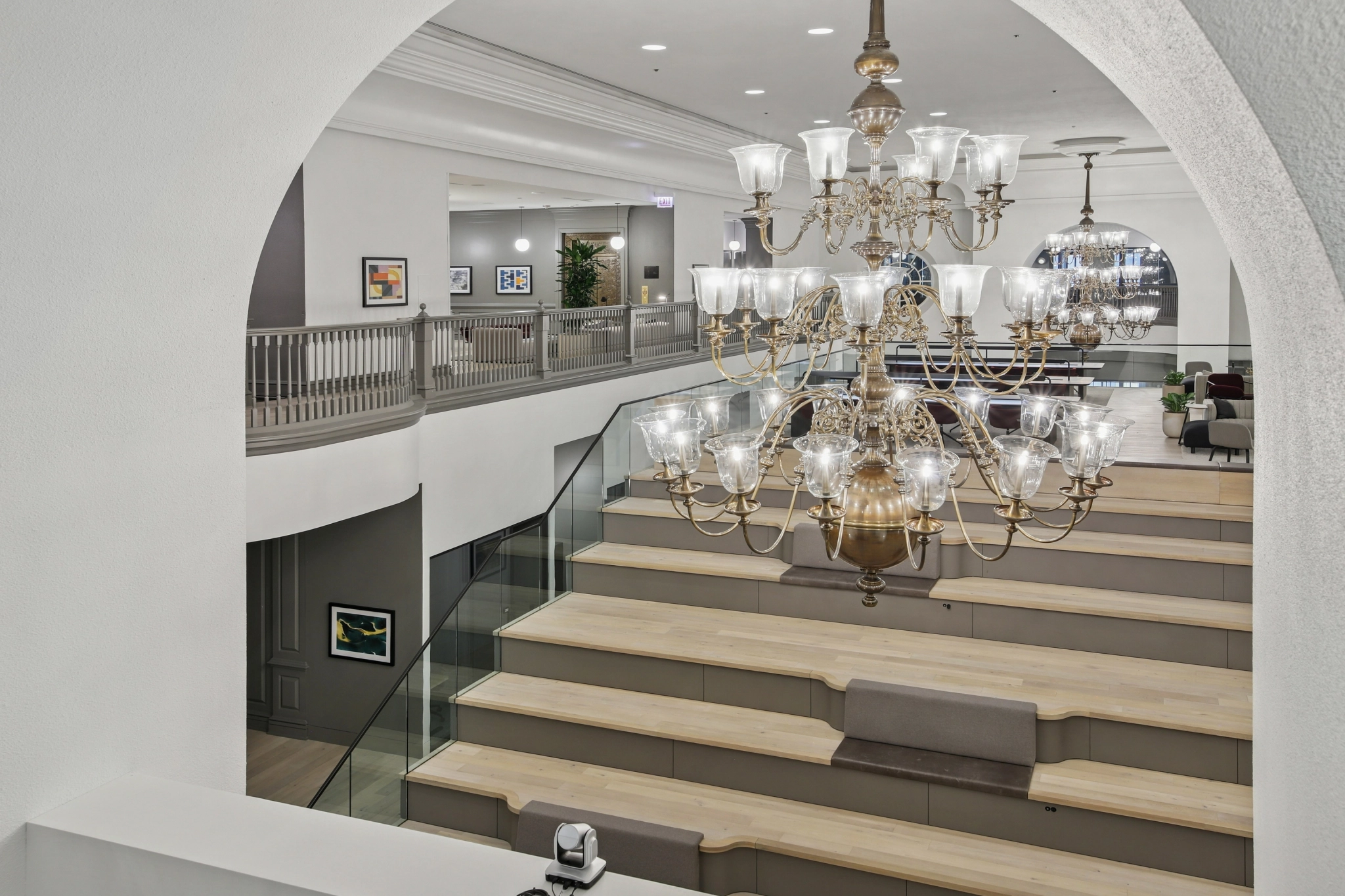 a large, bright meeting room with a large screen