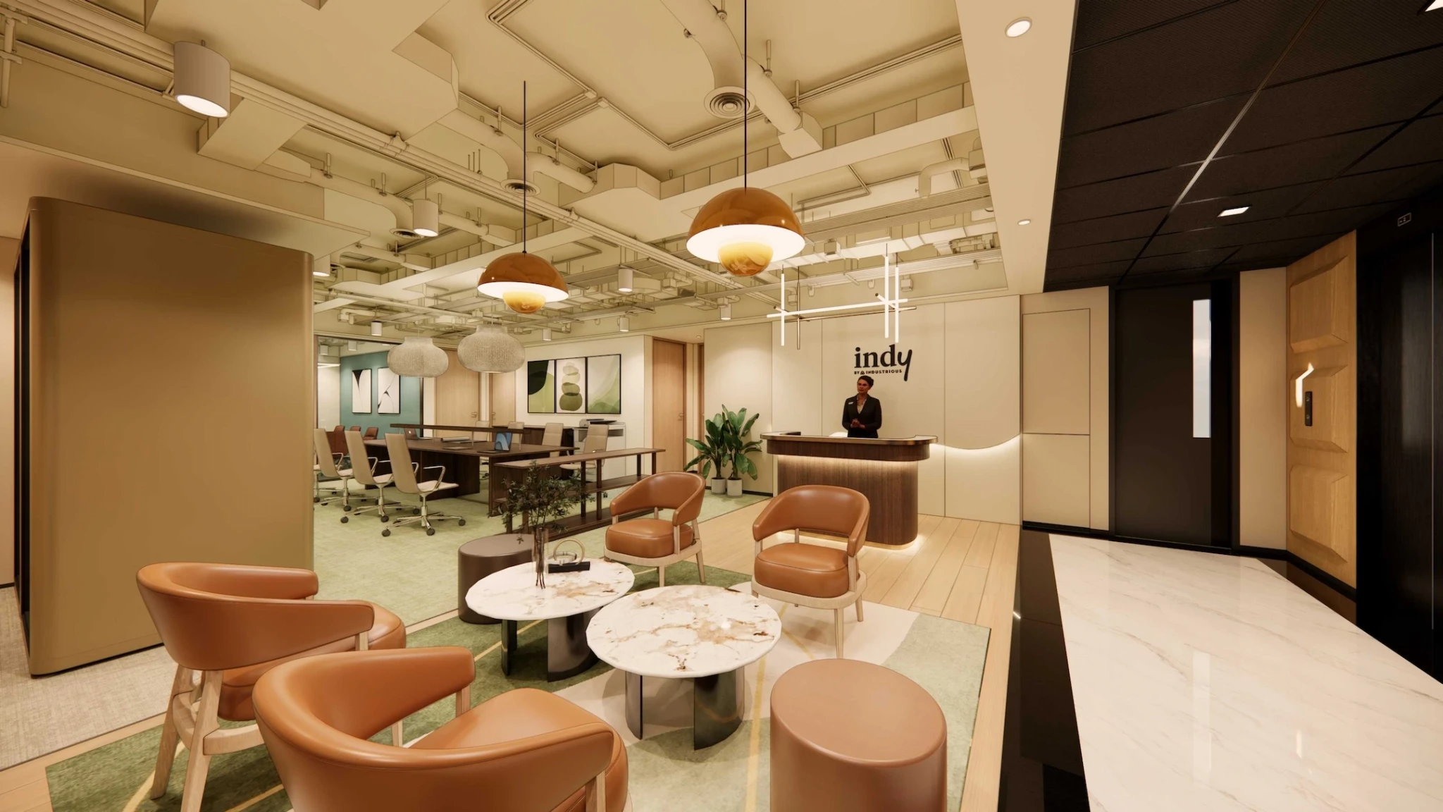 Modern office lobby with brown leather chairs, marble tables, pendant lights, a receptionist at a wooden desk, and "indy" sign on the wall