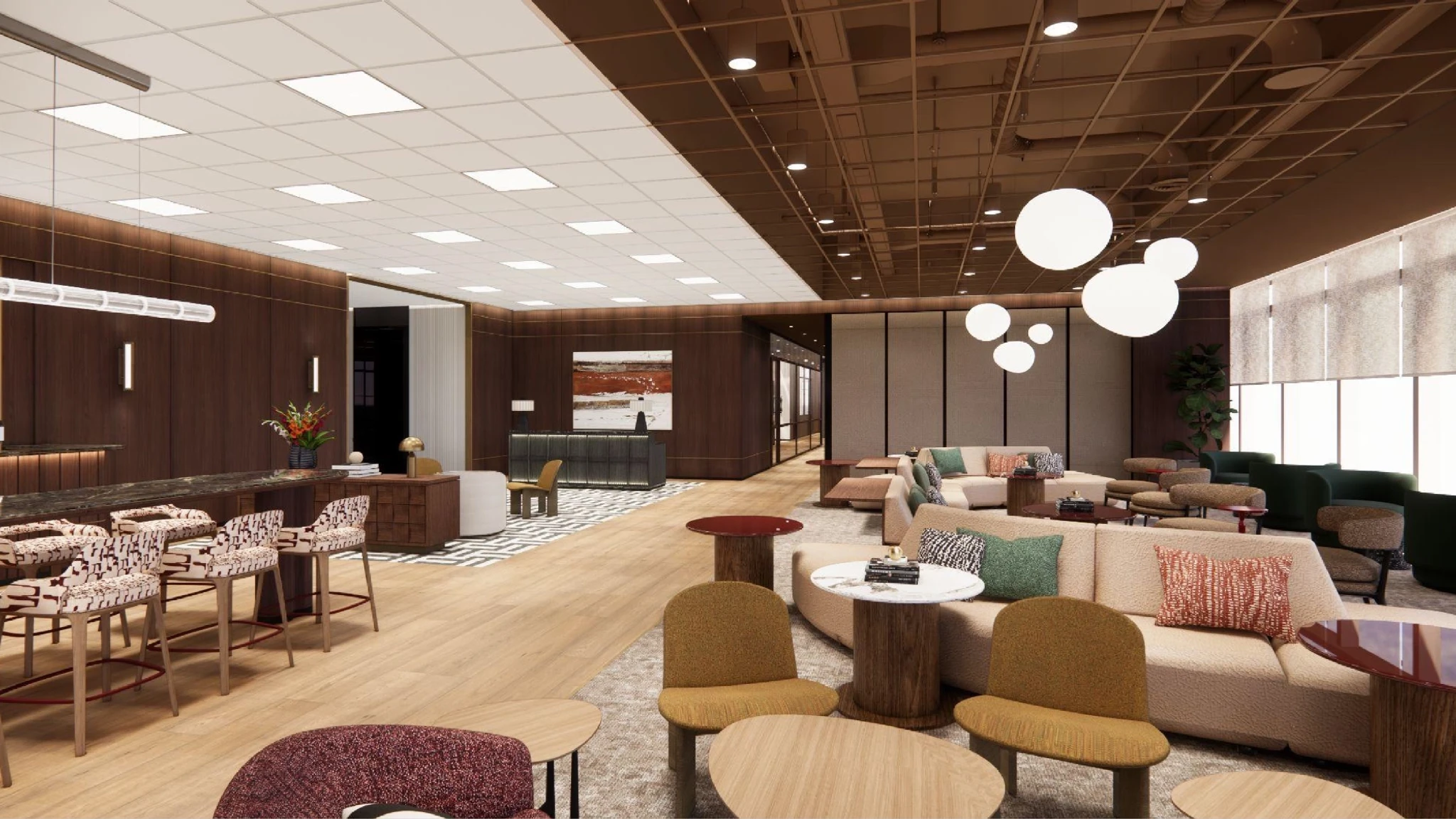 Modern Singapore office lounge with sofas, armchairs, round tables, bar seating, pendant lights, wooden floors, and large windows offering natural light—perfect for informal meetings outside the meeting room.