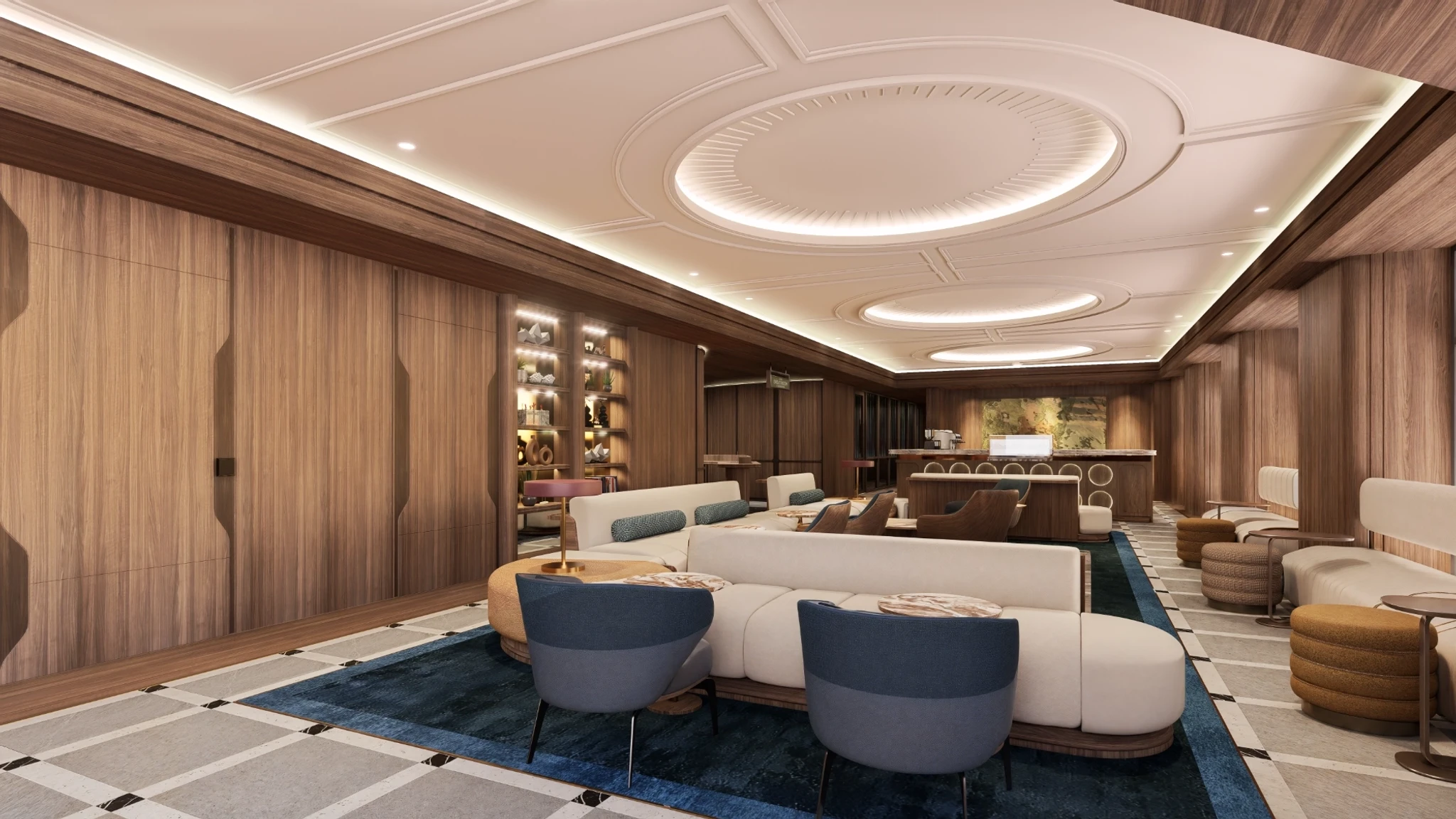 Modern lounge with wood paneling, circular ceiling accents, a central seating area with sofas and chairs, a bar at the back, and warm ambient lighting—ideal for coworking or an informal meeting room workspace.