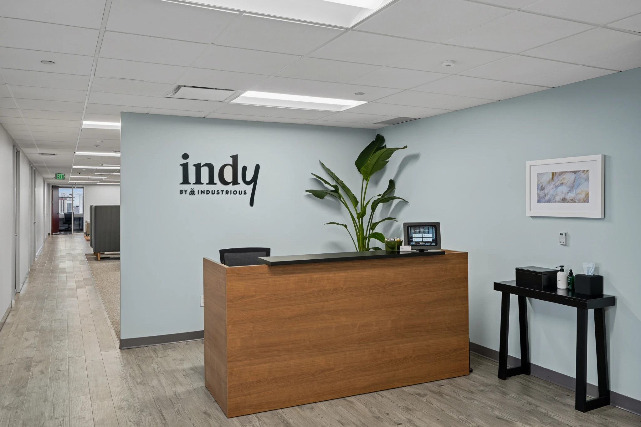 Un espace d'accueil moderne, composé d'un bureau en bois, d'une plante, d'une pancarte murale portant l'inscription « indy by Industrious », d'un appareil numérique et d'œuvres d'art encadrées, le tout sur un mur bleu pâle, accueille les visiteurs de cet espace de coworking situé à Highlands Ranch.