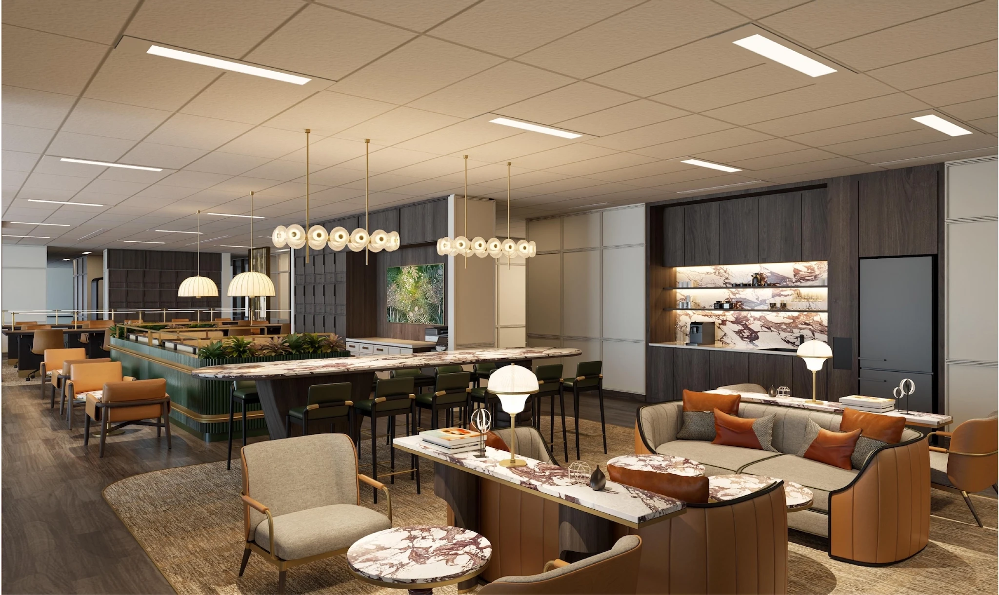 Modern lounge area with various seating options, marble tables, pendant lighting, and a bar counter—an inviting workspace ideal for coworking, featuring neutral tones and decorative wall shelves.