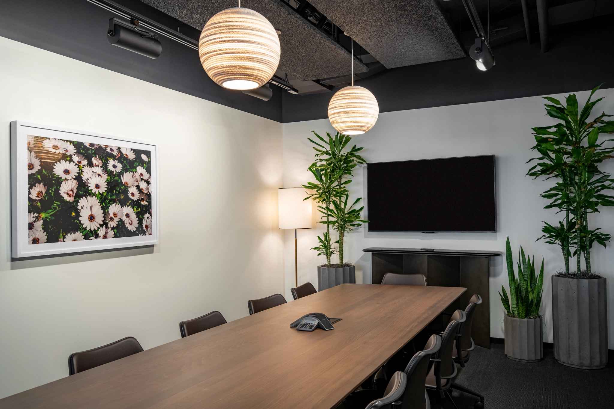 Modern meeting room with a long table, several chairs, a wall-mounted TV, framed artwork, and potted plants. Ceiling lights and a floor lamp provide illumination. Ideal for collaborative work in a coworking office setting.