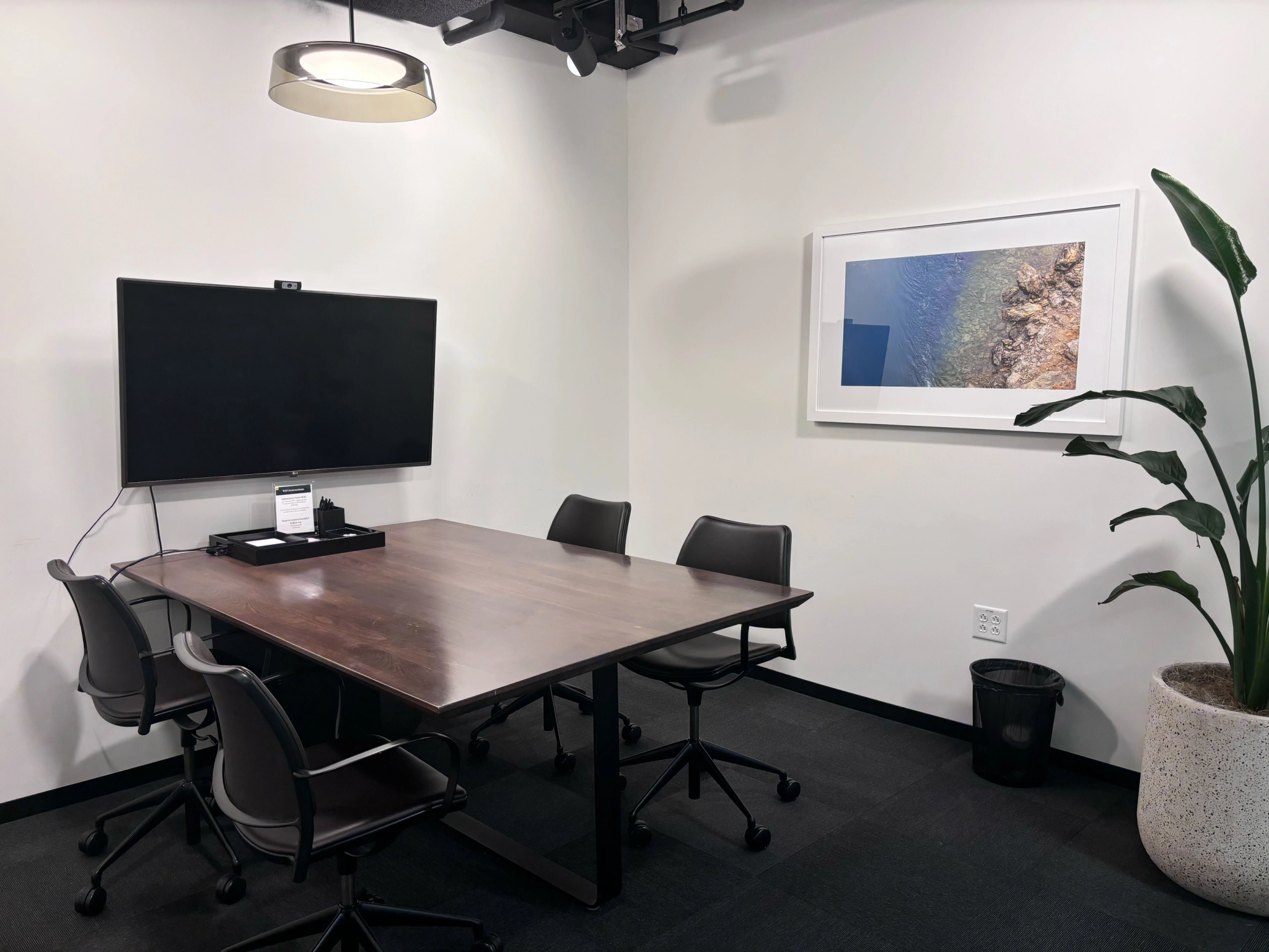 A small meeting room with a wooden table, four chairs, a TV, a wall picture, a potted plant, and a hanging light offers the perfect coworking space.