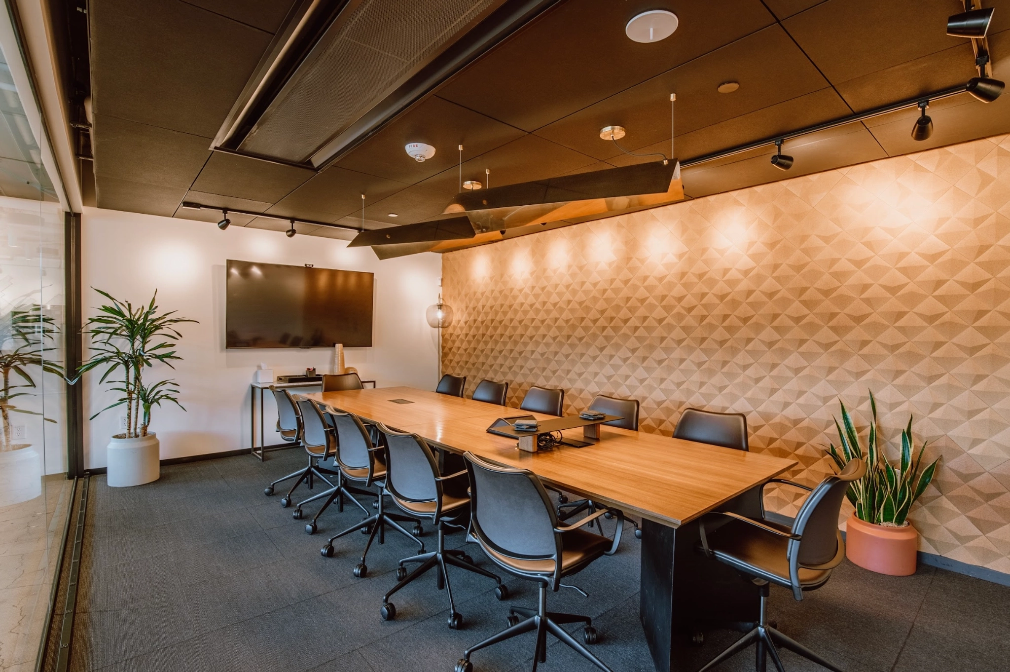 A modern meeting room in Boulder featuring a wooden table, black chairs, a large wall-mounted screen, decorative plants, and a geometric-patterned wall.