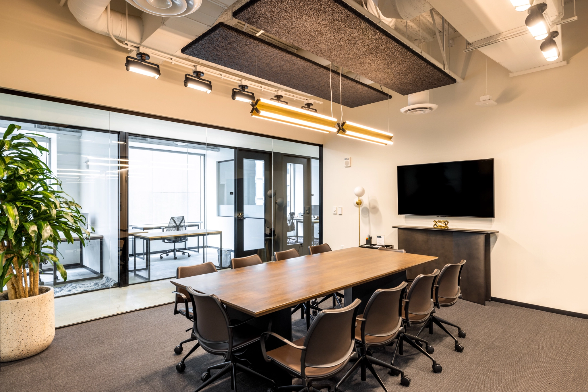 A modern conference room in a San Francisco office with a wooden table, eight chairs, a large wall-mounted TV, and a glass wall separating it from another workspace. A large potted plant is placed in the corner.