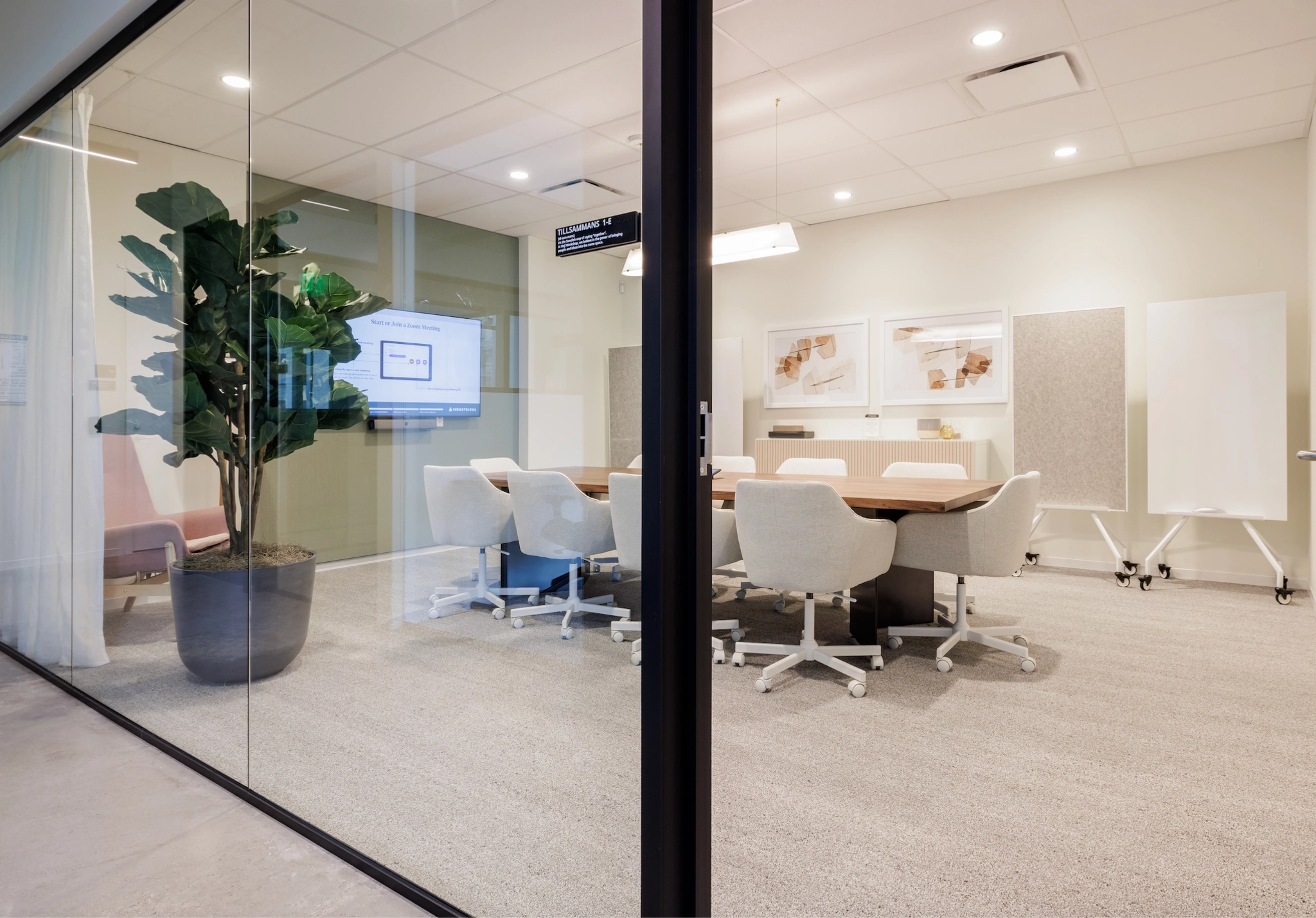 A conference room in an office space with glass walls and a plant.