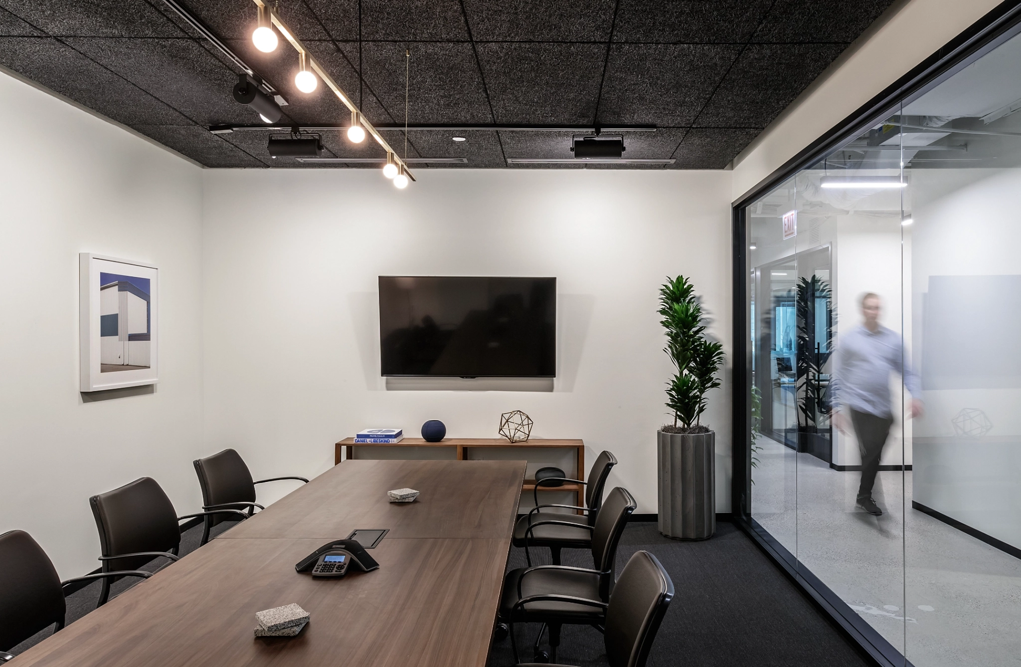 A modern meeting room in Santa Monica features a long table, chairs, wall-mounted TV, and decorative plants. A person is seen walking outside through the glass wall, adding a dynamic energy to the workspace.