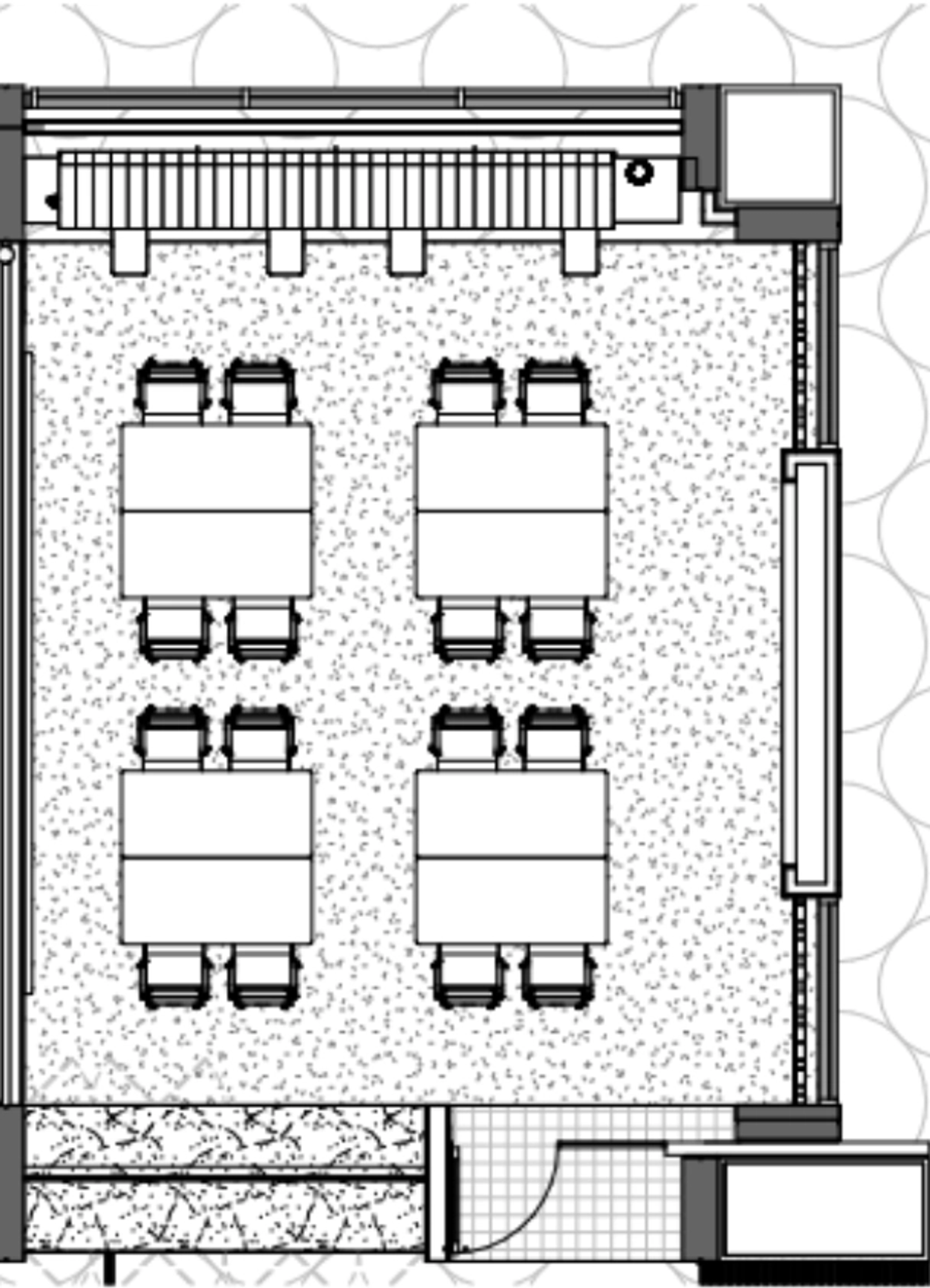 Floor plan of a San Francisco coworking space, featuring a room with four tables, each surrounded by four chairs. There's a door at the bottom and a window on the right side.