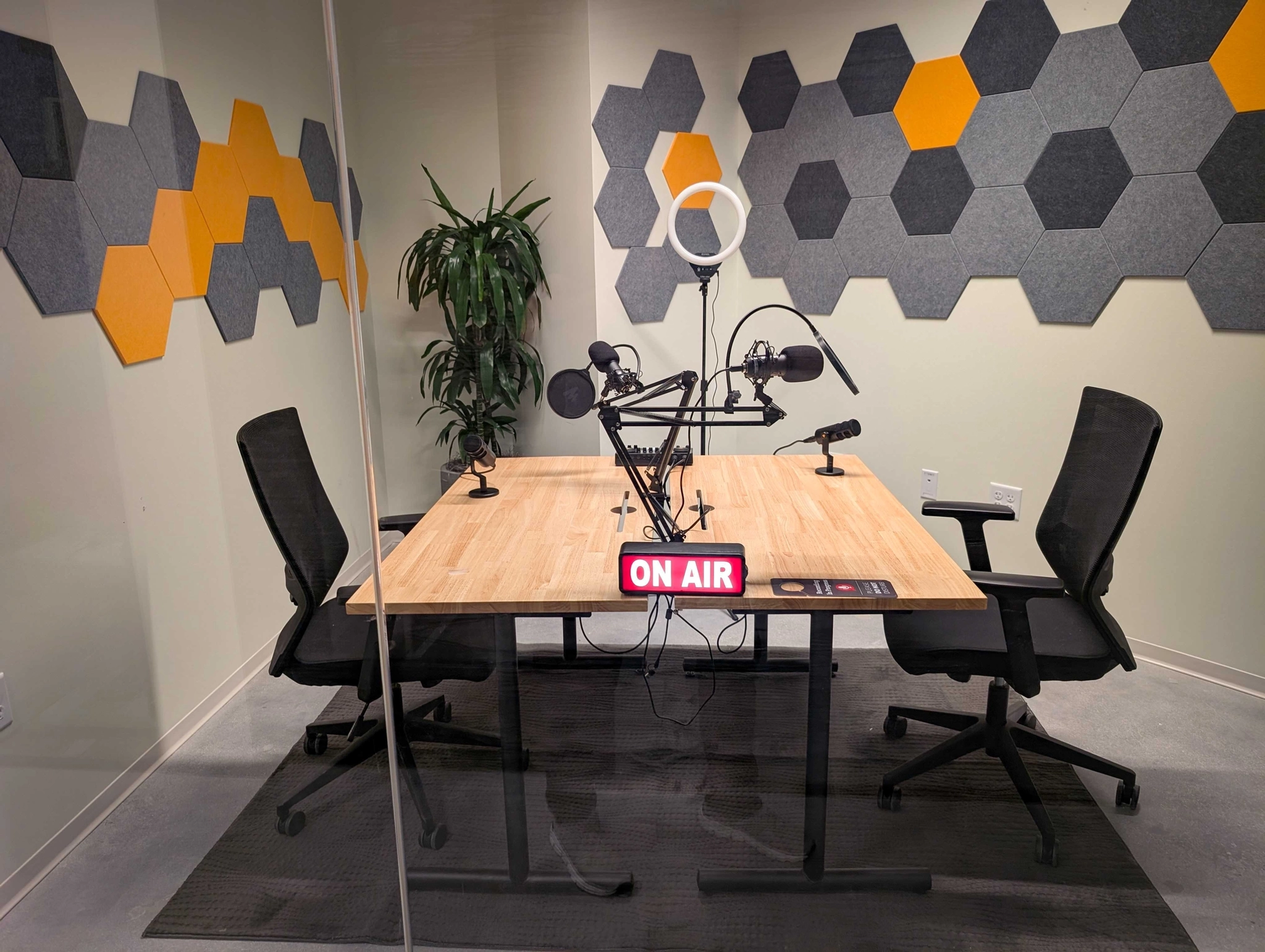 a large, bright meeting room with a large screen