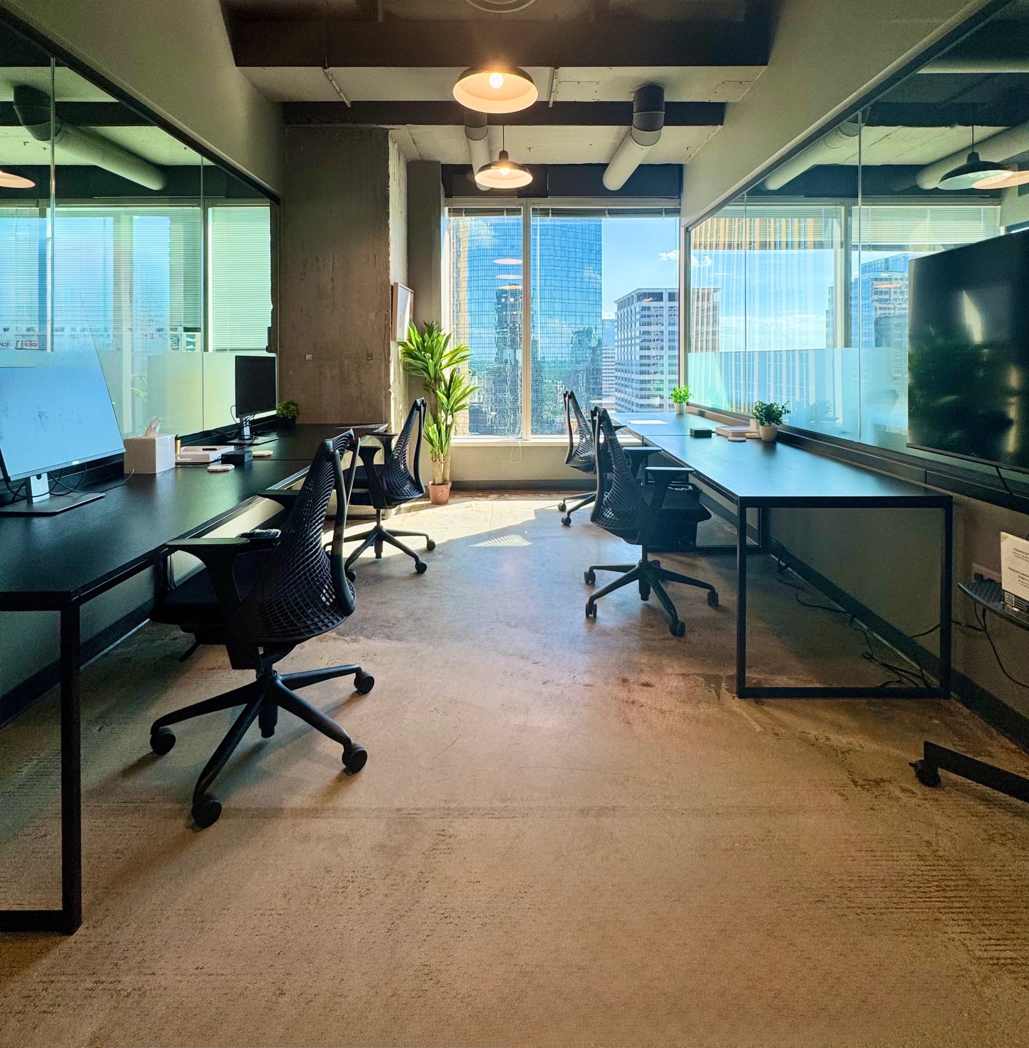 Modern coworking office with black desks and chairs, potted plants, large windows, and city buildings visible outside. Computer monitors and office supplies are on the workspace desks.