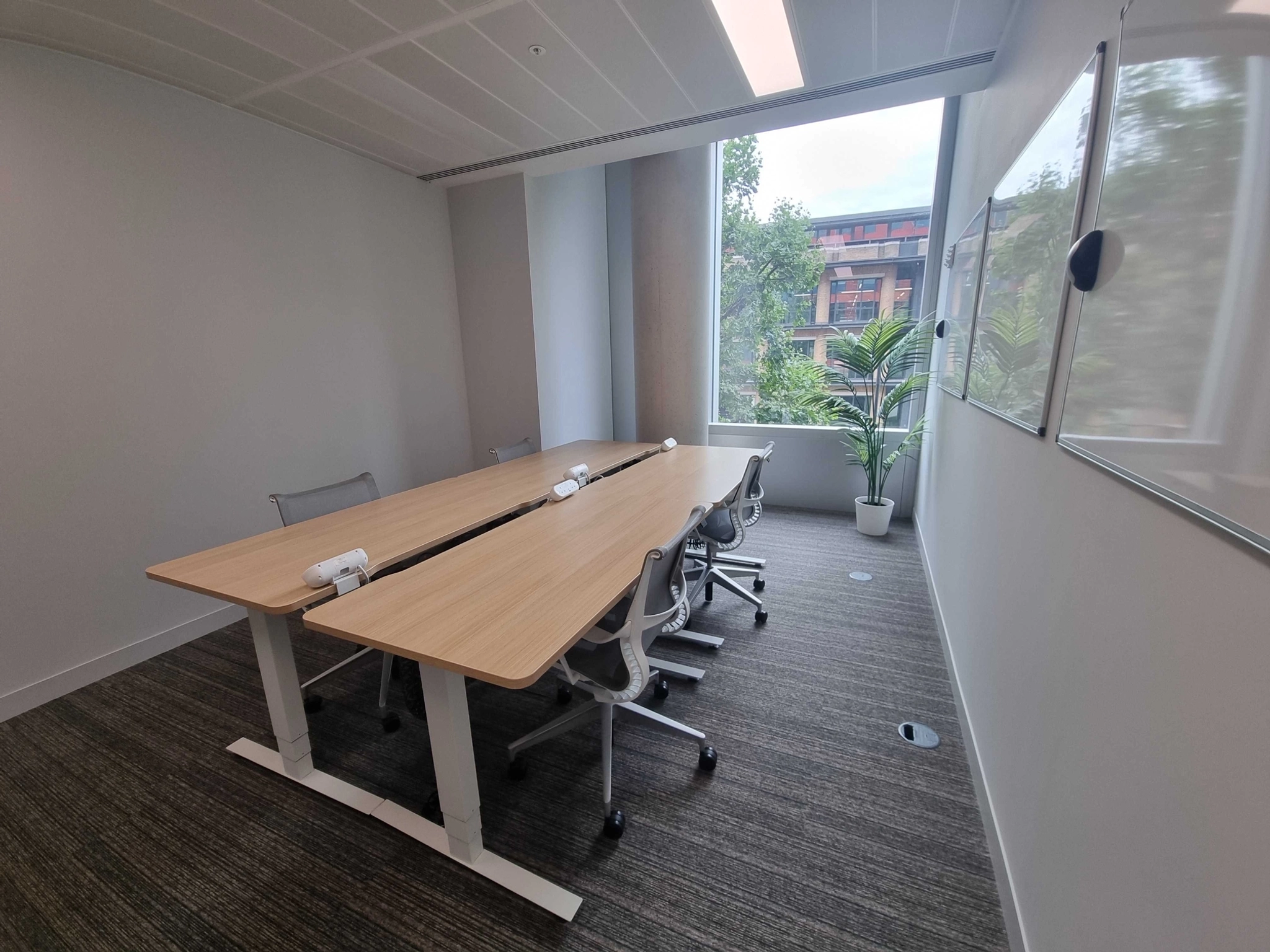 A small modern meeting room in London with two wooden tables, six chairs, a whiteboard, a large window overlooking trees and a building, and a potted plant in the corner—perfect for an inspiring workspace.