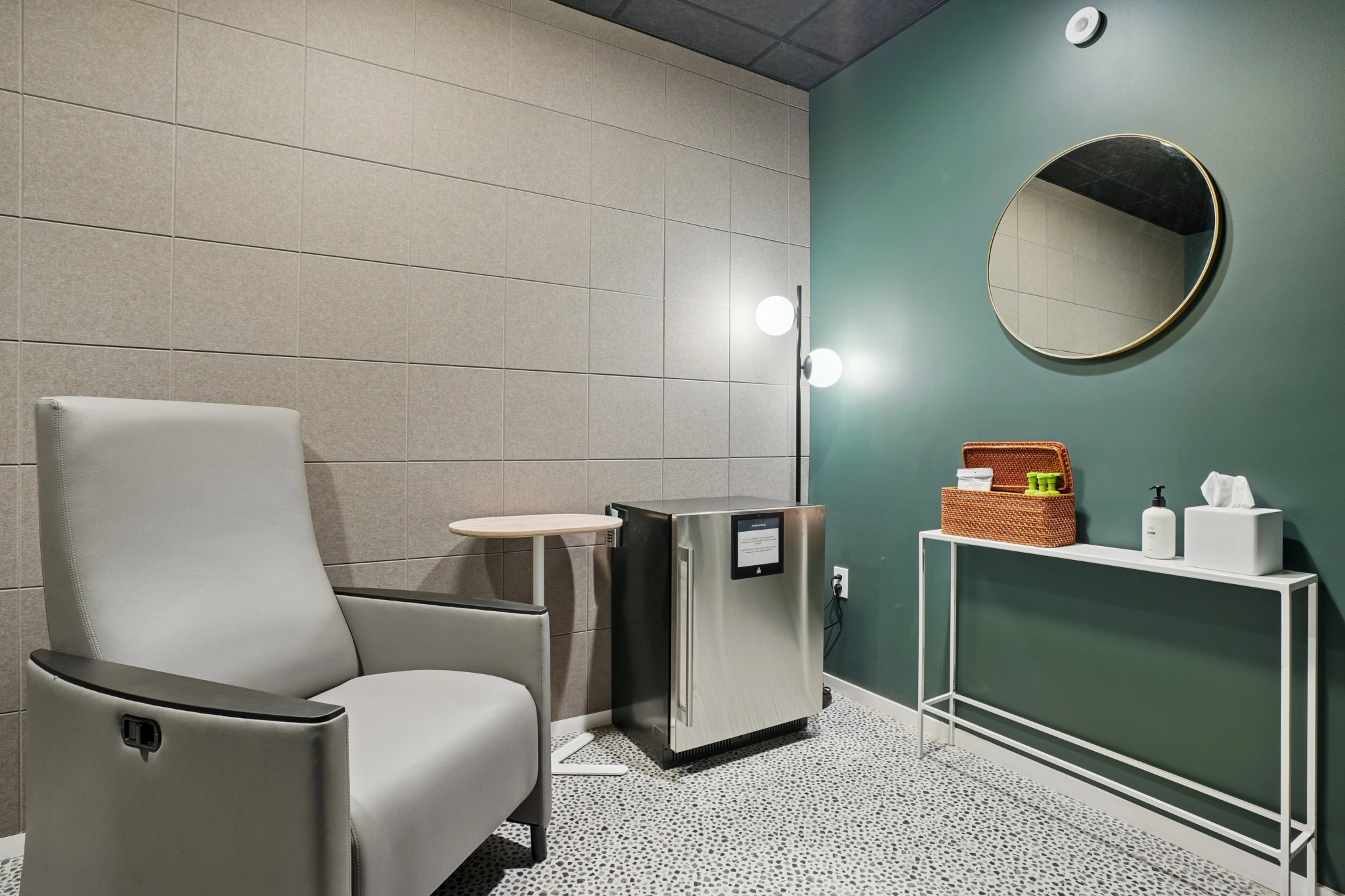 a large, bright meeting room with a large screen