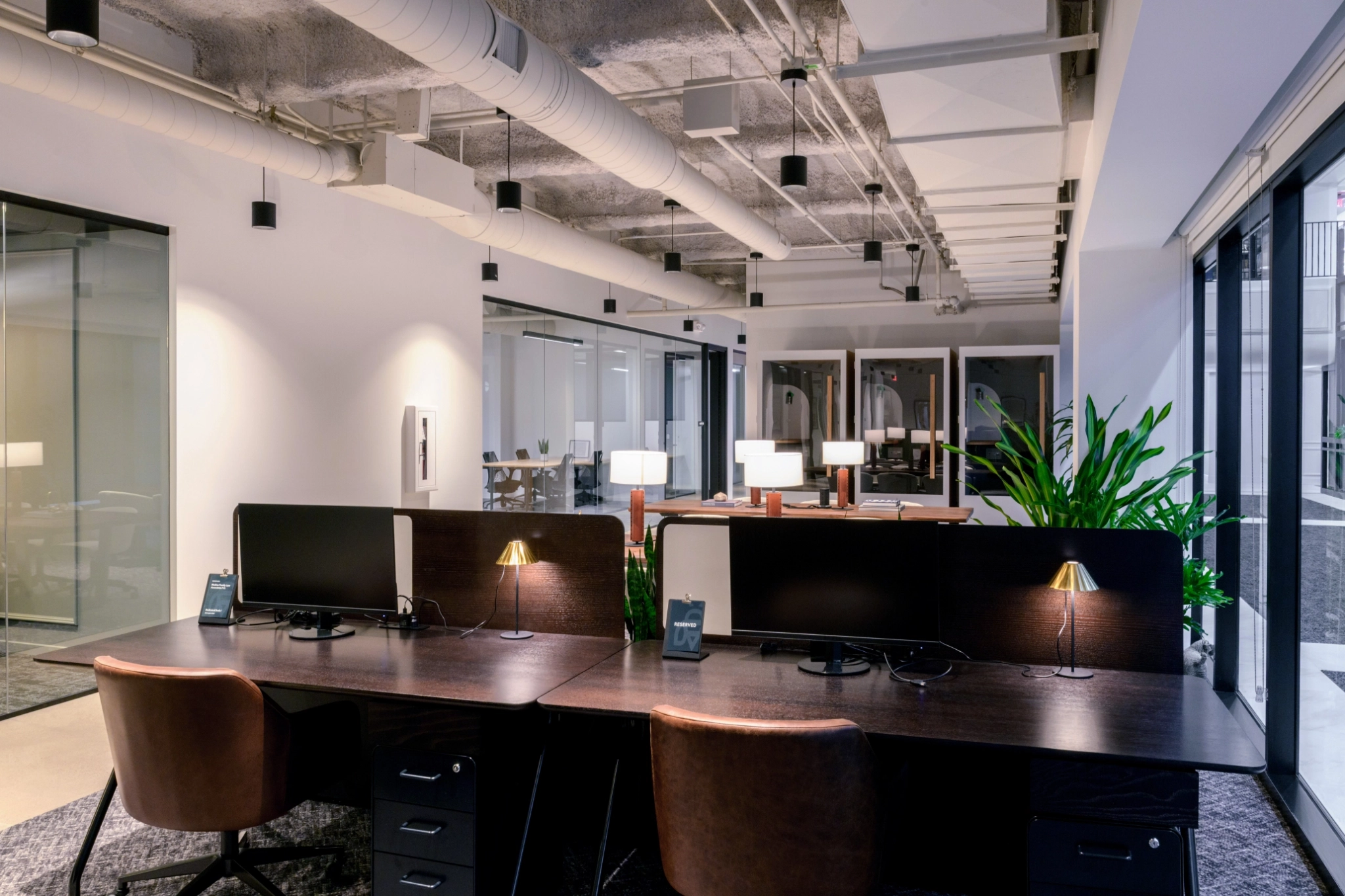 a large, bright meeting room with a large screen
